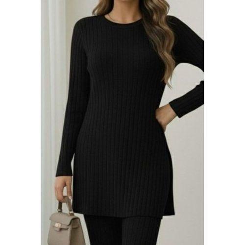 Kadın Uzun Kollu Yuvarlak Yaka Yandan Yırtmaç Detaylı şardonlu Kaşkorse Bluz Ve Pantolon Ikili Takım