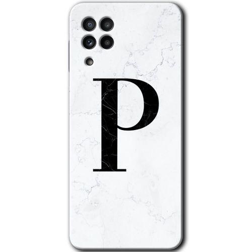 Galaxy M22 Kılıf HD Desen Baskılı Arka Kapak - Beyaz Mermer Desenli P Harfi + Kırılmaz Cam