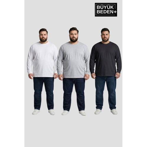 Erkek Büyük Beden 3 lü Set Uzun Kollu 2 İplik Bisiklet Yaka Tişört SPR26BEA942+3