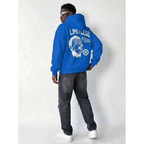 Erkek Premium Baskılı Kapşonlu Sweatshirt Üç İplik İçi Pamuklu Kanguru Cepli - Saks Mavisi