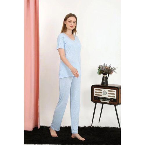 Kadın Kısa Kol Pamuk Penye Pijama Takım Mavi