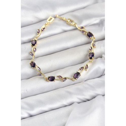Pirinç Gold Renk Mor Zirkon Taşlı Çiçek Model Kadın Bileklik