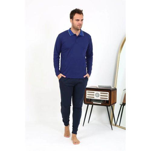 Erkek Polo Yaka Uzun Kol Penye Pijama Takımı Lacivert
