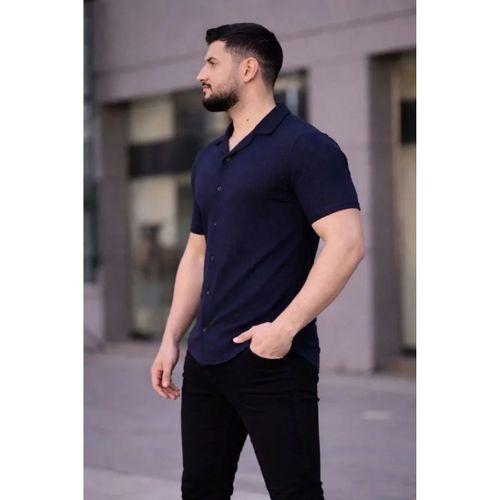 Erkek Waffle Kumaş Kısa Kollu Düğmeli Açık Yaka Regular Fit Gömlek - Lacivert