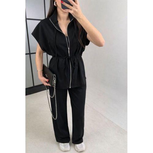 Kadın Yarasa Kol Fermuar Ve Lastikli Bağcık Detay Ceket Pantolon Ikili Takım