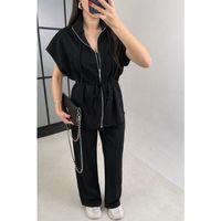 Kadın Yarasa Kol Fermuar Ve Lastikli Bağcık Detay Ceket Pantolon Ikili Takım