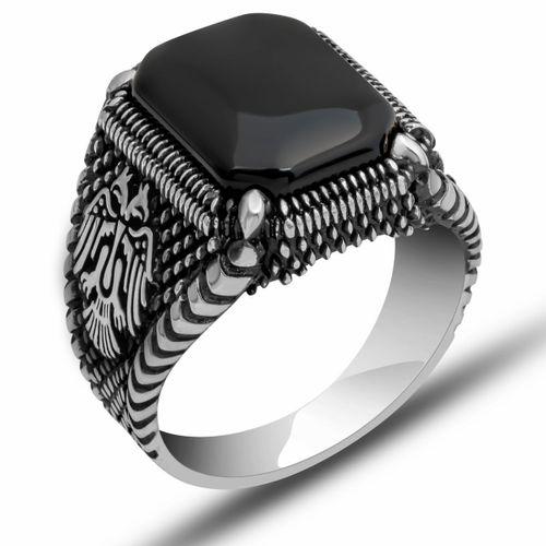 Gümüş Çift Başlı Kartal Oniks Erkek Yüzük