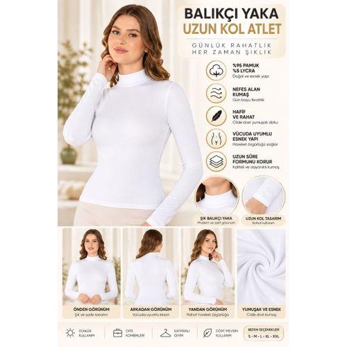 Kadın Balıkçı Yaka Uzun Kol Atlet Beyaz Esnek Kumaş, Vücuda Oturan Basic Body - ryl - 2612