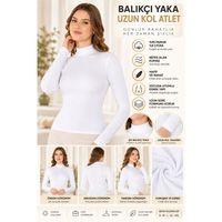 Kadın Balıkçı Yaka Uzun Kol Atlet Beyaz Esnek Kumaş, Vücuda Oturan Basic Body - ryl - 2612