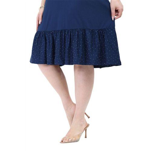 Melsay Butik Kolları Taş Baskılı Fırfırlı Kısa Kollu Lacivert Kadın Midi Elbise