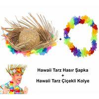 Hawaii Tarzı Set - Tropikal Çiçekli Hasır Şapka Ve Çiçekli Hawaii Kolye