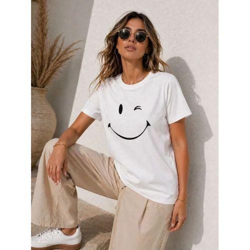 Minimal Gülümseyen Yüz Baskılı Tişört Kısa Kol Yazlık T-Shirt - Beyaz