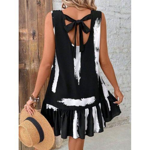 Kadın Kolsuz Bisiklet Yaka Arkadan Fiyonklu Süprem Kısa Elbise