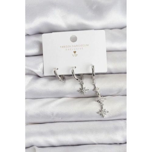 Kutup Yıldızı Model Gümüş Renk Pirinç 3'lü Kadın Küpe Seti