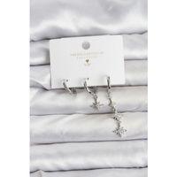 Kutup Yıldızı Model Gümüş Renk Pirinç 3'lü Kadın Küpe Seti