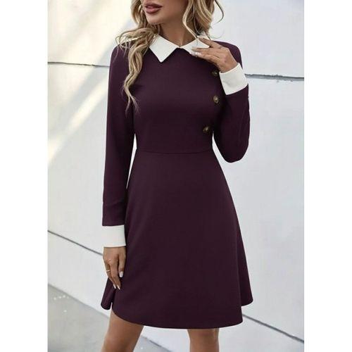 Kadın Uzun Kollu Yakalı Düğmeli Mürdüm Modal Mini Elbise