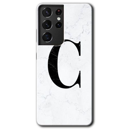 Potkal Hediye Fabrikası Samsung Galaxy S21 Ultra HD Baskılı Kılıf + 9D Tam Ekran Koruyucu - Beyaz Mermer Desenli C Harfi