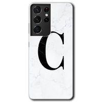 Potkal Hediye Fabrikası Samsung Galaxy S21 Ultra HD Baskılı Kılıf + 9D Tam Ekran Koruyucu - Beyaz Mermer Desenli C Harfi