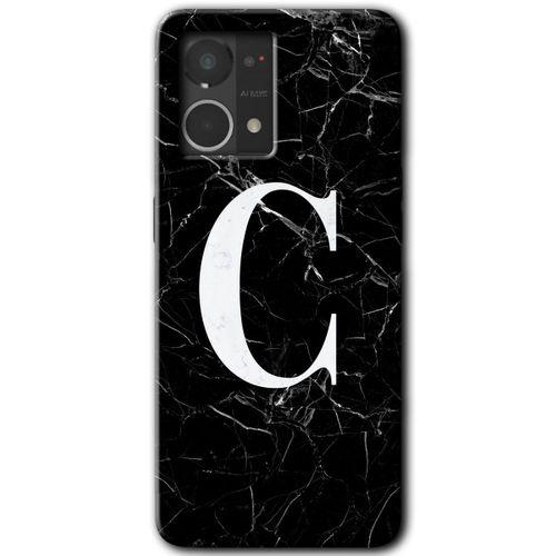 Oppo Reno 7 4G Kılıf HD Desen Baskılı Arka Kapak+Temperli Cam - Siyah Mermer Desenli C Harfi