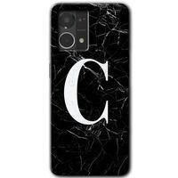 Oppo Reno 7 4G Kılıf HD Desen Baskılı Arka Kapak+Temperli Cam - Siyah Mermer Desenli C Harfi