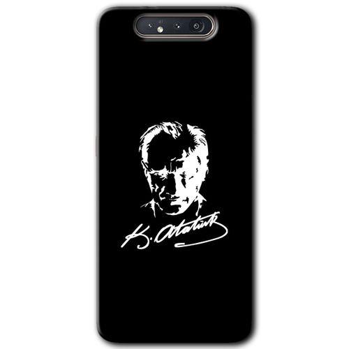 Samsung Galaxy A80 Kılıf HD Desen Baskılı Arka Kapak + Temperli Cam - Atatürk Silüet İmza