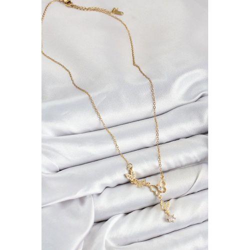 316L Çelik Zirkon Taşlı Kelebek Model Gold Renk Kadın Kolye - TJ-BKO10405