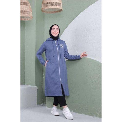 Yazı Baskılı Fermuarlı Kapşonlu Uzun Sweat - 03081.006 - İndigo