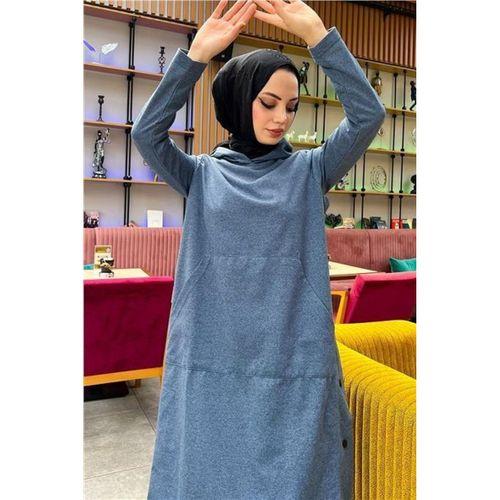 Kapşonlu Yandat Çıtçıtlı Sade Basic Uzun Tunik ve Pantolon İkili Spor Takım - 03071.006 - İndigo