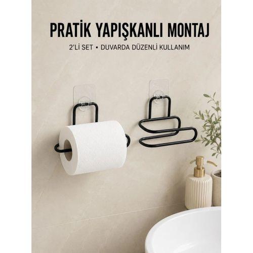 2 Adet Yapışkanlı Wc Kağıtlık Siyah Metal Pratik Duvar Tipi Rulo Tutucu