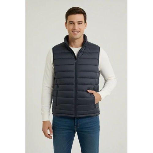 Erkek Şişme Fermuarlı Yelek Su Itici Kapitone Astarlı Kumaş Cepli Hafif Kışlık Spor Rahat Kalıp - Lacivert