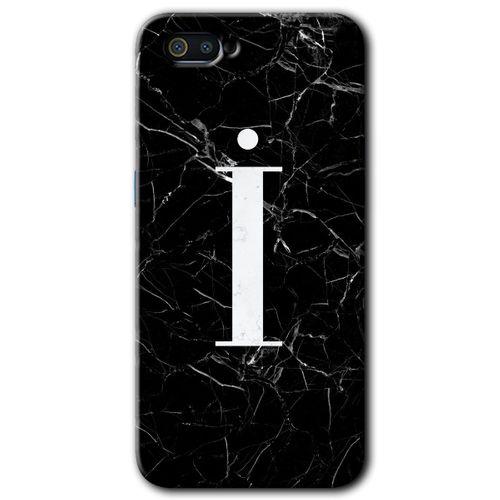 Realme C2 Kılıf HD Desen Baskılı Arka Kapak + Temperli Cam - Siyah Mermer Desenli İ Harfi