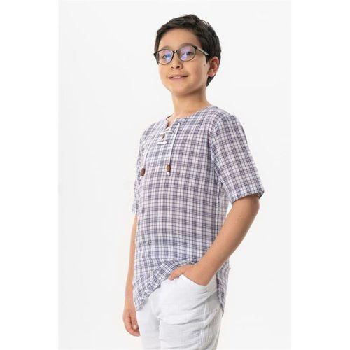 Kısa Kol Şile Bezi Zımbalı Yazlık Erkek Çocuk Tshirt Mor Kareli 3035