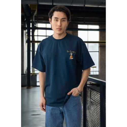 Cep Baskılı İki İplik Kumaş Pamuklu Oversize Erkek T-Shirt - Prusya Mavisi