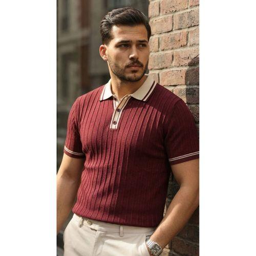 Erkek Düğme Yakalı Kontrast Yaka Triko Tişört