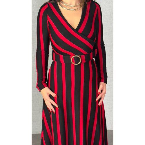 Kadın Uzun Kollu Kruvaze Yaka Kemer Dahil çizgili Triko Elbise