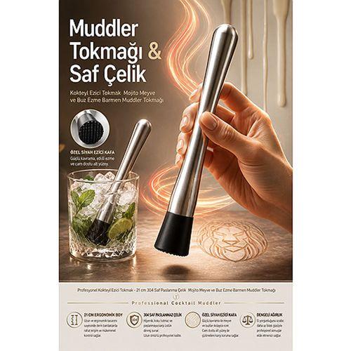 Kokteyl Ezici Tokmak - 21 cm Tırtıklı Başlık Mojito Meyve ve Buz Ezme Barmen Muddler Tokmağı Profesyonel 304 Saf Paslanma Çelik 723438