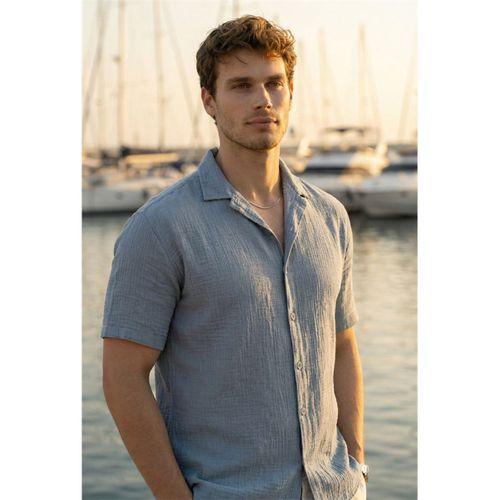 Yarım Oversize Apaş Yaka Kısa Kol Müslin Kumaş Erkek Gömlek - Soğuk Mavi
