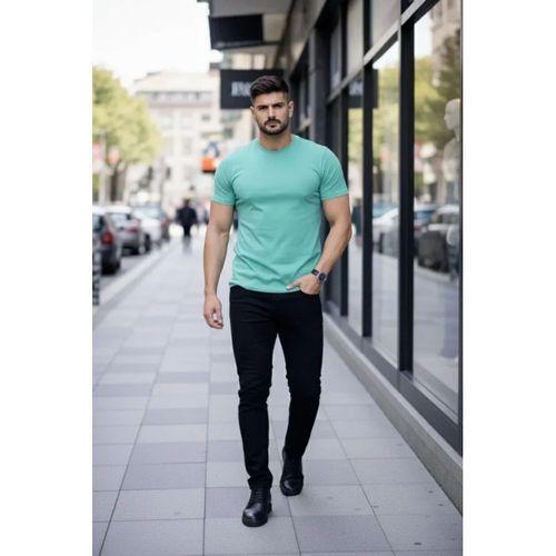 Erkek T-Shirt Bisiklet Yaka Slim Fit Dar Kesim Likralı Tişört Günlük Basic Body - Turkuvaz
