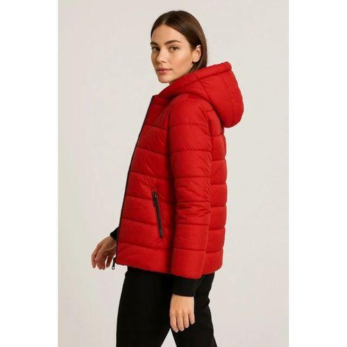 Şişme Kapüşonlu Fermuarlı Mont Su Itici Kapitone Astarlı Kumaş Cepli Kışlık Rahat Kalıp - Kırmızı