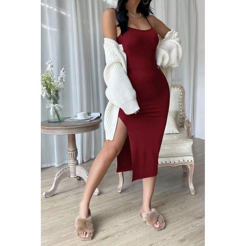 Kadın Bordo Yırtmaçlı Diz Altı Vücüdu Saran Gecelik