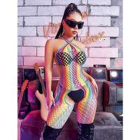 Gökkuşağı Desenli Fileli Fantezi Vücut Çorabı