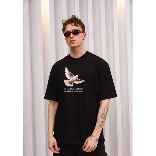 Unisex Bisiklet Yaka Baskılı Oversize T-Shirt - Siyah