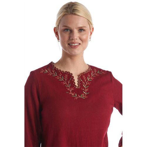 Şile Bezi Uzun Kol Bordo Nakış Detaylı V Yaka Yazlık Otantik Bluz