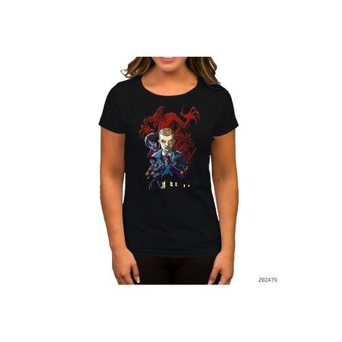 Stanger Things Cartoon Siyah Kadın Tişört