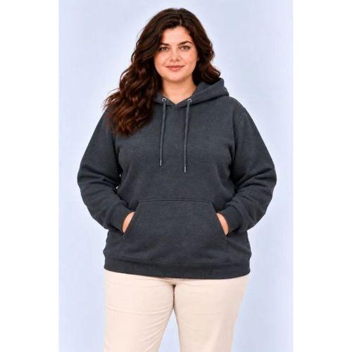 Battal Büyük Beden Üç İplik İçi Şardonlu Kapüşonlu Kanguru Cepli Kışlık Sweatshirt - Füme