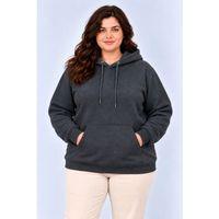 Battal Büyük Beden Üç İplik İçi Şardonlu Kapüşonlu Kanguru Cepli Kışlık Sweatshirt - Füme