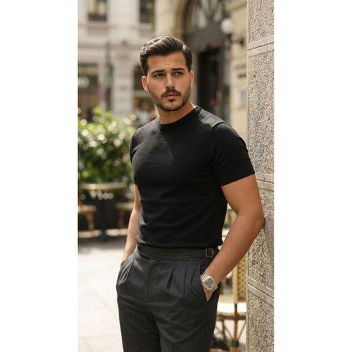 Erkek Basic Bisiklet Yaka Kısa Kollu Triko Tişört - %100 Pamuk Akrilik