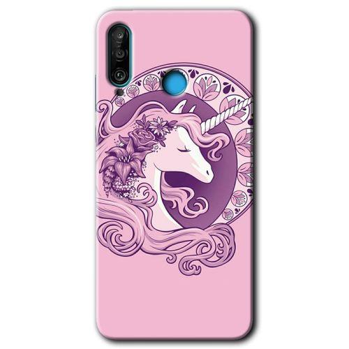 MRCİLETİSİM Huawei P30 Lite Kılıf HD Desen Baskılı Arka Kapak + Temperli Cam - Unicorn-Pembe