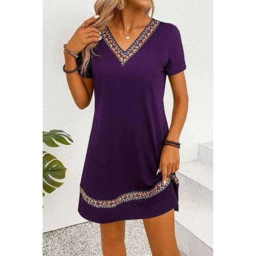 Kadın Kısa Kollu V Yakalı Etnik Desen şerit Detaylı Viskon Elbise