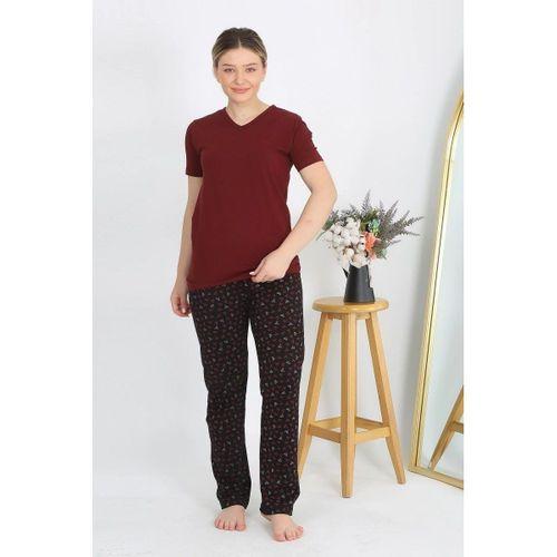 Kadın Kısa Kol Pamuk Penye Pijama Takım Bordo